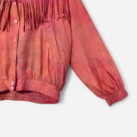Upcycled OOAK Pink Silk Fringe Bomber Jacket- Size Medium, Artsy, Western - Picture 3 of 6